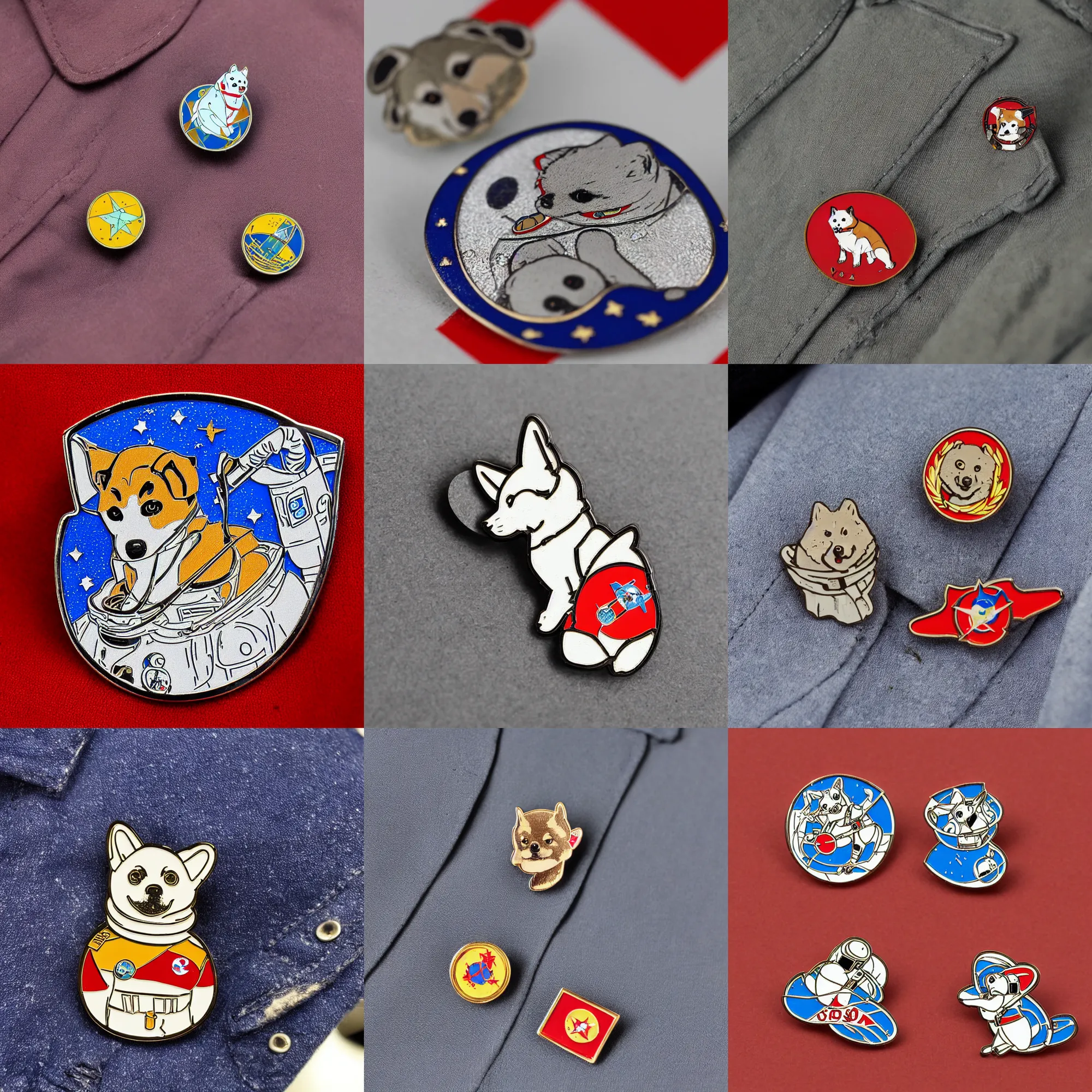 Prompt: close up of soviet enamel pin of a shibu inu cosmonaut