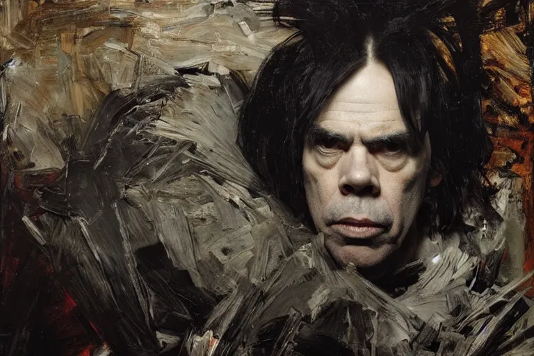 Prompt: a portrait of nick cave, masterpiece, dramatic lighting, painting by caravaggio and ruan jia and jakub rebelka and giger