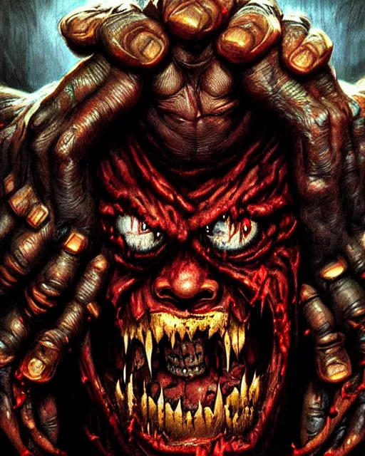 Image similar to doomfist from overwatch, rage, evil zombie, character portrait, portrait, close up, concept art, intricate details, highly detailed, horror poster, horror, vintage horror art, realistic, terrifying, in the style of michael whelan, beksinski, and gustave dore