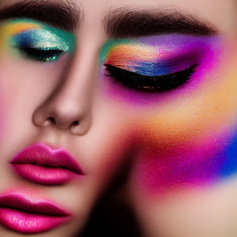 Prompt: amazing closeup portrait of a young woman with beautiful colorful make up by Sir John, Pat McGrath, perfect colorful eyeshadows, 50mm portrait, beautiful detailed intricate insanely detailed octane render trending on Artstation, 8K artistic photography, photorealistic, dramatic volumetric cinematic perfect light, chiaroscuro, award-winning photograph, masterpiece, Raphael, Caravaggio, harsh flash photography