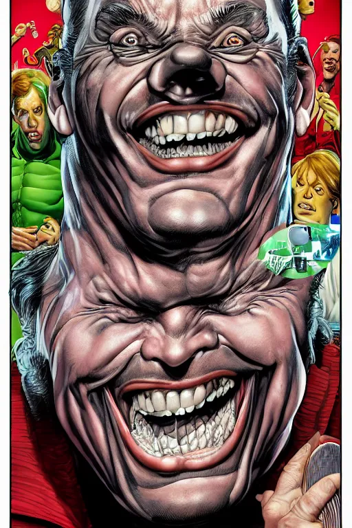 Prompt: digital portrait of an insane smiling man by brian bolland, rachel birkett, alex ross, and neal adams | centered, deviantart, artgerm