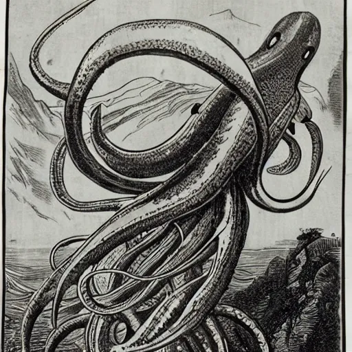 Prompt: a giant squid wearing an ornate scarf with white hair in a mountainside scene, victorian newspaper article
