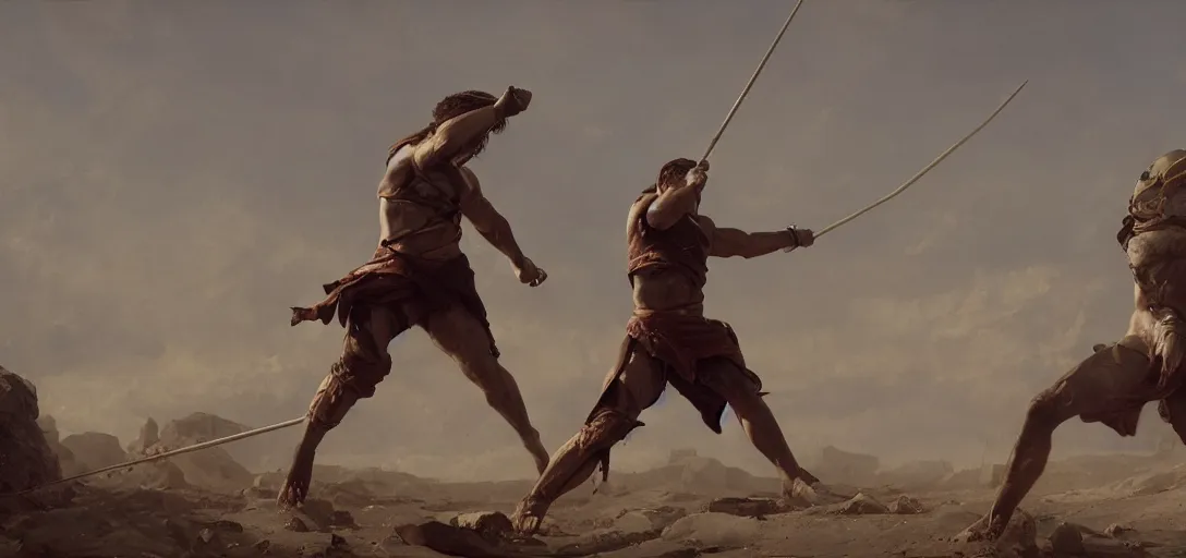 Image similar to Throwing a javelin into the back of a friend, spartan, wide shot, small scale, intimate moment, octane render, 8k, by Greg Rutkowski Ilya Repin Greg Duran