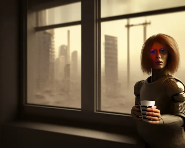 Image similar to a soft photo of a lifelike terminator cyborg lady with borg implants and optical fibers is drinking coffee near a window with dystopian city visible outside. very detailed 8 k. cyberpunk style. unreal engine render. global illumination. nanite. rtx. path tracing.