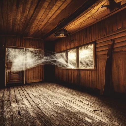 Prompt: a film production still, 1 4 mm, wide shot of a cabin interior, wooden furniture, cobwebs, spiderwebs, window light illuminates dust in the air, abandoned, cinematic