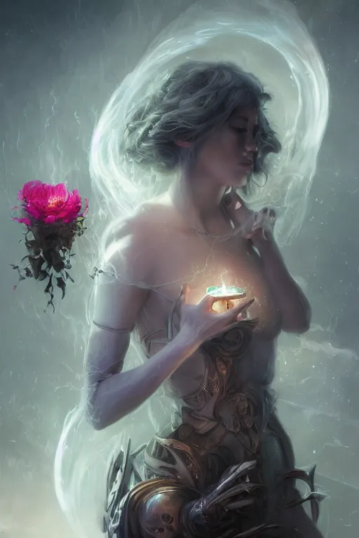 Image similar to beautiful girl necromancer, witch, storm clouds, thunder in hands, casting magic spell, angel, 3 d render, hyper realistic detailed portrait, holding electricity and flowers, ruan jia, wlop. scifi, fantasy, magic the gathering, hyper detailed, octane render, concept art, peter mohrbacher