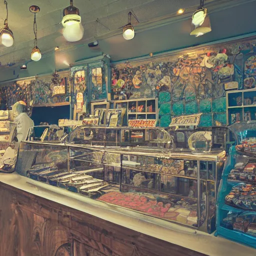 Image similar to Inside an old fashioned sweet shop, fantasy vendor interior, wide angle, cinematic shot, highly detailed, cinematic lighting , photo-realistic