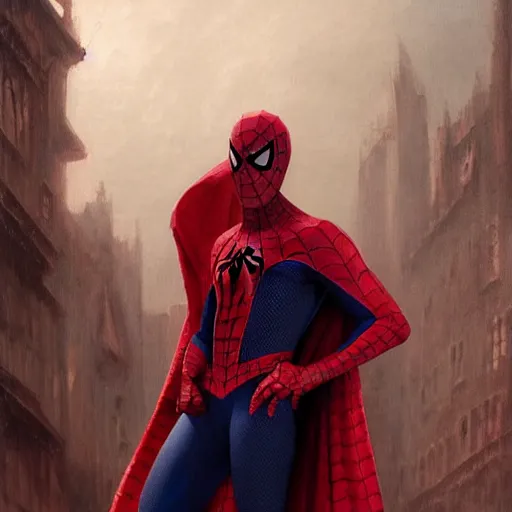 Image similar to spiderman wears a doublet whilst wearing a red velvet Cape , alexanre benois edward julius detmold jehan choo jeff simpson raphael lacoste guillem h. pongiluppi grisaille