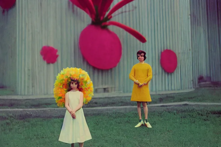 Image similar to giant flower head, girl standing, 1 9 6 0 s architecture, surreal photography, frontal, symmetry, mid century, liminal space, bright colours, wes anderson