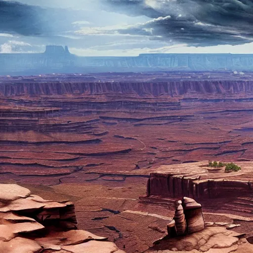 Prompt: a highly detailed matte painting of robot aliens landing at canyonlands