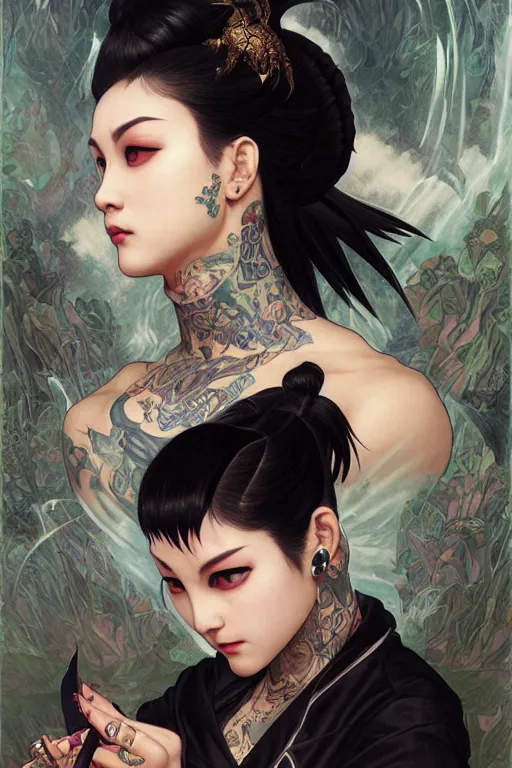 Prompt: portrait of goth Chun Li with yakuza tattoos, Street fighter, intricate, elegant, highly detailed, digital painting, artstation, concept art, smooth, sharp focus, illustration, art by artgerm and greg rutkowski and alphonse mucha and william-adolphe bouguereau and Gustav Klimt