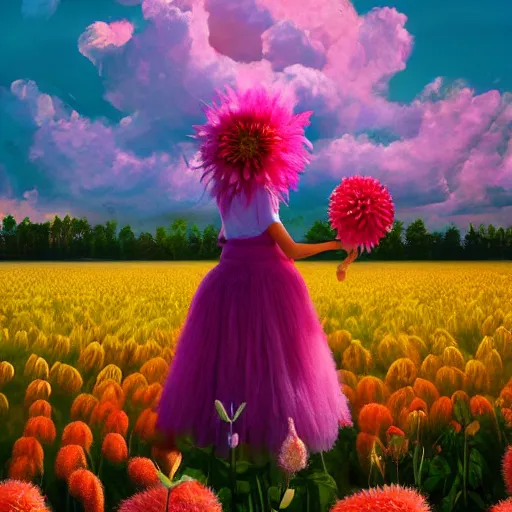 Image similar to giant dahlia flower head, full body girl standing in a flower field, surreal photography, sunrise, dramatic light, impressionist painting, colorful clouds, digital painting, artstation, simon stalenhag