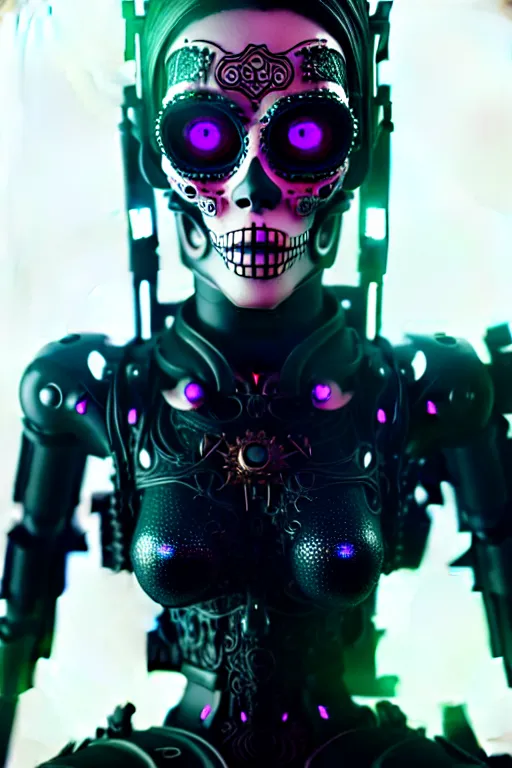 Image similar to ultra detailed, portrait of Female Android, dia de los muertos, scifi, cyberpunk, fantasy, octane render, intricate details, eerie, movie still, artstation, concept art, smooth, sharp focus, no blur, no dof, Unreal Engine 5, Photorealism, HD quality, 8k resolution, cinema 4d, 3D, beautiful, cinematic, art by artgerm and Godmachine and michael welan and DZO and greg rutkowski and alphonse mucha and loish and WLOP