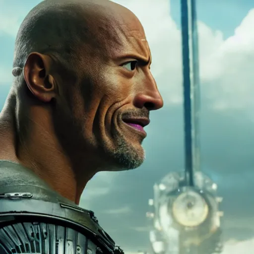 Image similar to cinematic still of dwayne johnson in alita : battle angel ( 2 0 1 9 ), xf iq 4, f / 1. 4, iso 2 0 0, 1 / 1 6 0 s, 8 k, raw, dramatic lighting, symmetrical balance, in - frame