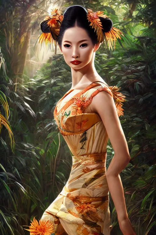 Image similar to stunningly beautiful, peruvian geisha prima ballerina in jungle, symmetrical face, golden hour, smooth, focus, highly detailed, hyper realistic, dramatic lighting, elegant, intricate, concept art, art by wlop, mars ravelo, greg rutowski, artstation