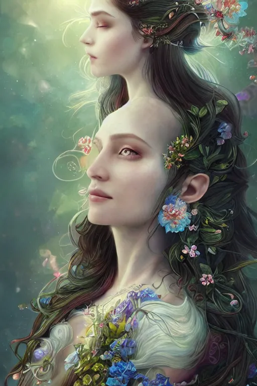 Image similar to a portrait of a beautiful elvish goddess with flowers in her hairs , hd, 4k, 8k, highly detailed, sharp, ethereal, astral environment in style of Anna Dittmann and Mark Arial and Artgerm