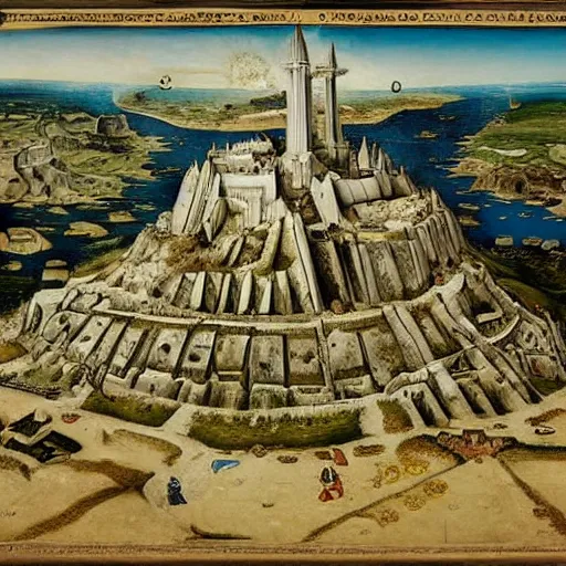 Image similar to Minas Tirith by Bruegel and Hokusail, masterpiece