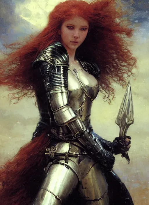 Image similar to young beautiful mischievous blue eyed redheaded woman wearing black medieval armour, detailed, by gaston bussiere, bayard wu, greg rutkowski, giger, maxim verehin, greg rutkowski, masterpiece, sharp focus, cinematic lightning