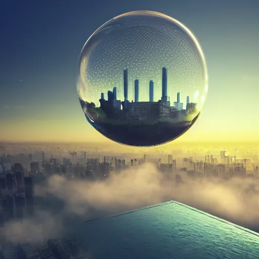 Prompt: unique skyscraper inside a bubble, floating on clouds, realistic 3 d render, unreal engine, gardens, ecofuturism, solarpunk, maya, 8 k, vmax, award winning, trending on artstation, smooth, sharp focus, octane, twilight sunset background