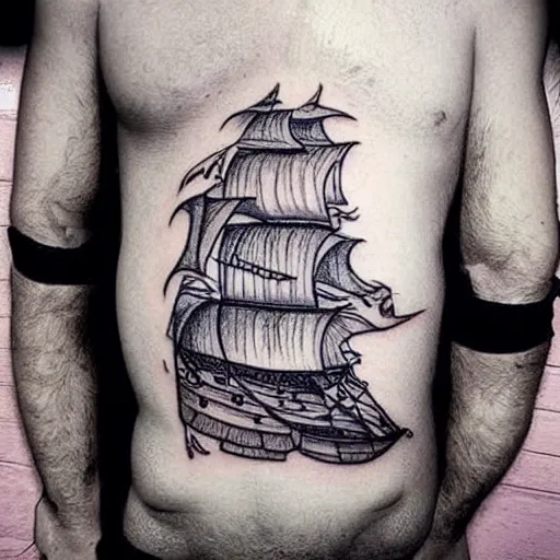 Prompt: A magical pirate ship tattoo realistic tattoo sketch on white background, hyper realistic shaded tattoo, award winning tattoo