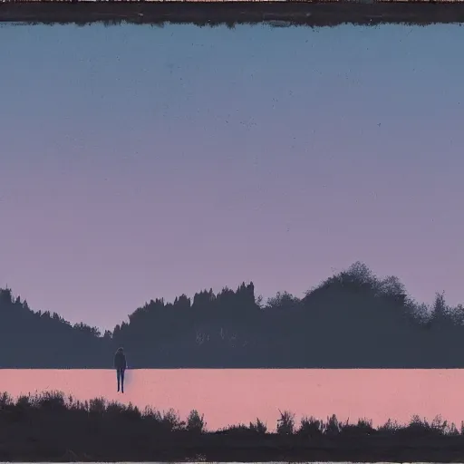 Prompt: silhouette of a man standing in front of a blue landscape, simon stalenhag, brushwork