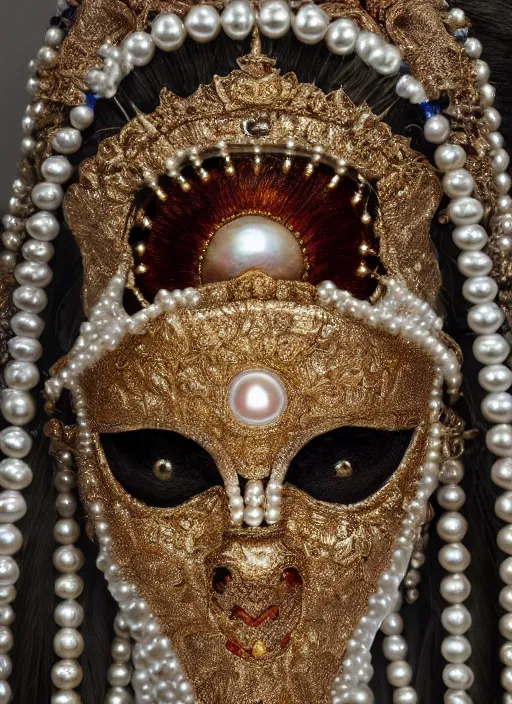 Image similar to hyperrealism, detailed textures, award winning autochrome photo, symetrical japanese pearl, beautiful dreaming voodoo pearl queen, autochrome pearl portrait, pearl silverplate, intricate, detailed facial pearl scary animal mask, pearl, golden jewelery, silverplate, ultra realistic, cinematic, intricate, cinematic light by steve mccurry, unreal engine 8 k