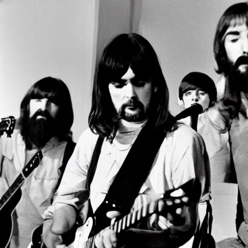 Image similar to charles manson playing guitar on stage with the beatles, black and white, high quality photography, realistic, detailed, uncropped, realistic face,