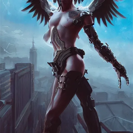 Image similar to androgynous fallen angel with shaved head on one falling through the sky while battling superior larger angels, beautiful, symmetrical, hd, highly detailed, 4 k, artgerm, cyberpunk, art by greg rutkowski