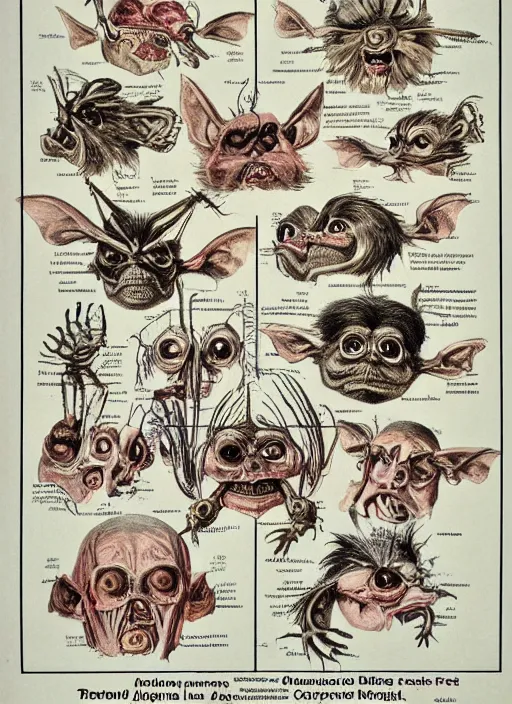 Image similar to vintage medical anatomical illustration of gremlins ( 1 9 8 4 ), highly detailed, labels, intricate writing