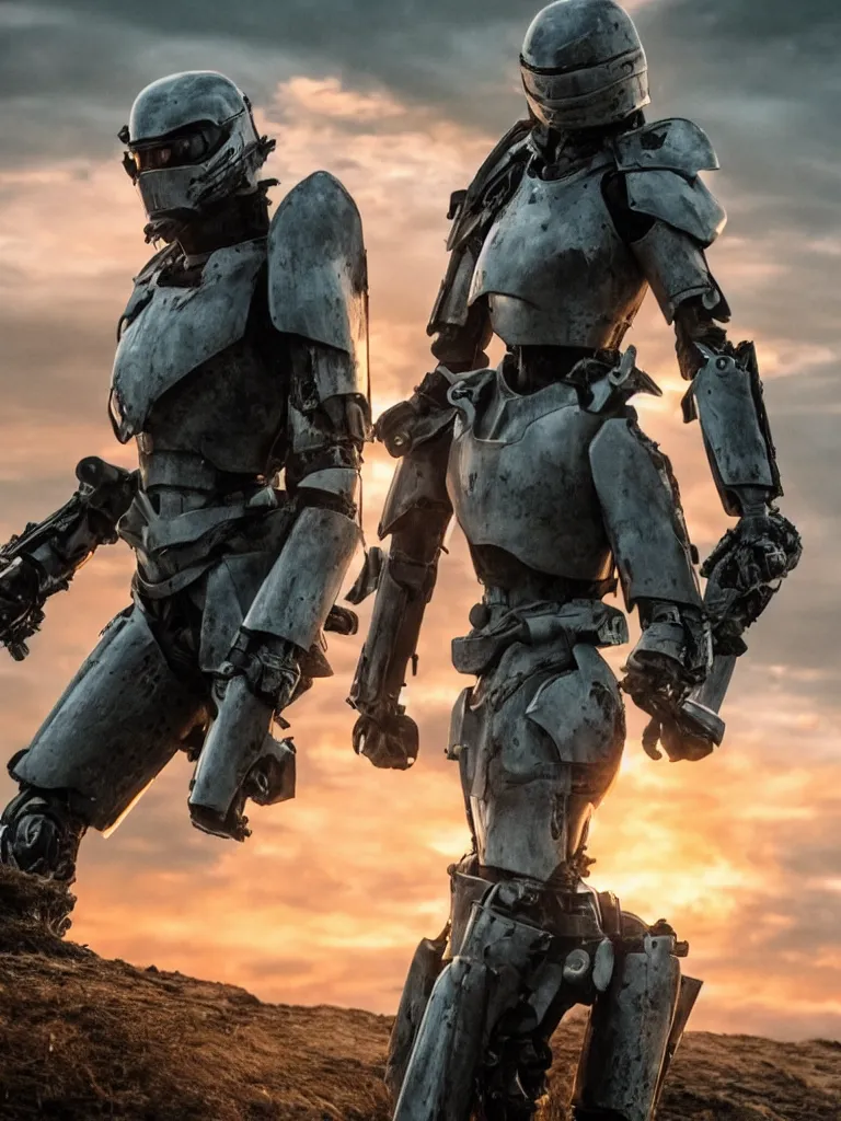 Image similar to emily blunt in futuristic power armor, alone, standing atop a hill, raising her sword, edge of tomorrow movie, angel of verdun, sunset