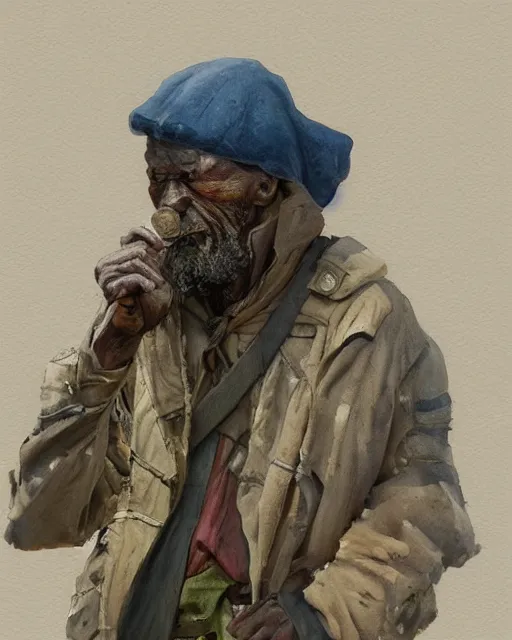 Image similar to a oil / watercolor painting full body character portrait of an old homeless soldier fighting to defend his family in the style of moebius in the style of leonard boyarsky trending on artstation deviantart pinterest detailed photorealistic highlights and shadow hd 8 k post - processing high resolution