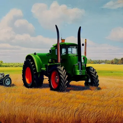 Prompt: hyperrealistic painting image where a tractor appears in the cinematic field