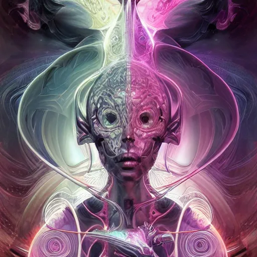 Image similar to a portrait of gemini light and dark neon grim reaper character portrait made of fractals facing each other, ultra realistic, wide angle, intricate details, the fifth element artifacts, highly detailed by peter mohrbacher, hajime sorayama, wayne barlowe, boris vallejo, aaron horkey, gaston bussiere, craig mullins