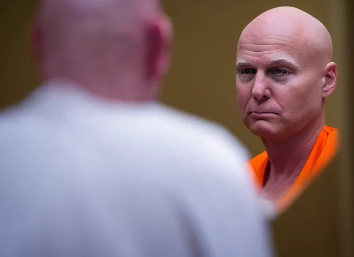 Image similar to photo of bald!!! donald trump!!! donald trump trump shaved head no hair!!! no hair!!! old white pasty skin sitting in a jail cell!!! wearing an!!! orange jumpsuit!!!, defocused bars in the foreground, 8 k, 8 5 mm f 1. 8