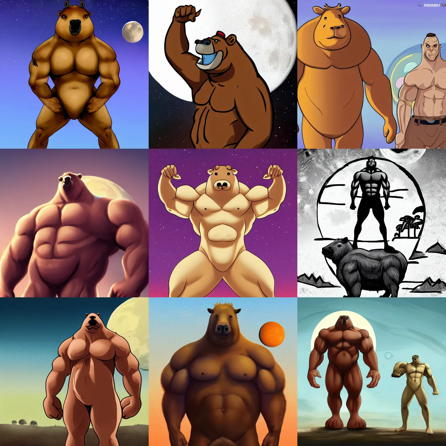 Prompt: an enormous buff jacked anthropomorphic capybara, standing menacingly in front of a giant moon. jojo pose, detailed art, trending on furaffinity, digital art