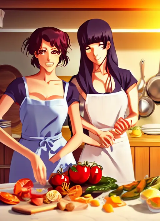 Image similar to two beautiful housewives in the kitchen on a hot summer evening, gorgeous faces, thick lines, cinematic lighting, detailed anime art