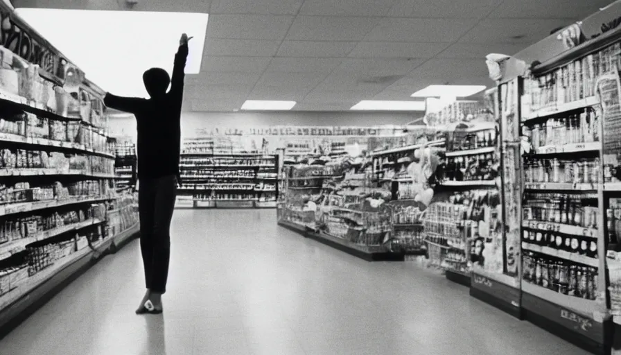 Image similar to 7 0 s film still from a horror movie featuring a person practicing qi gong in the middle of a grocery store, kodachrome, cinecolor, cinestill, photorealism, cinematic, film grain, film texture, vhs recording