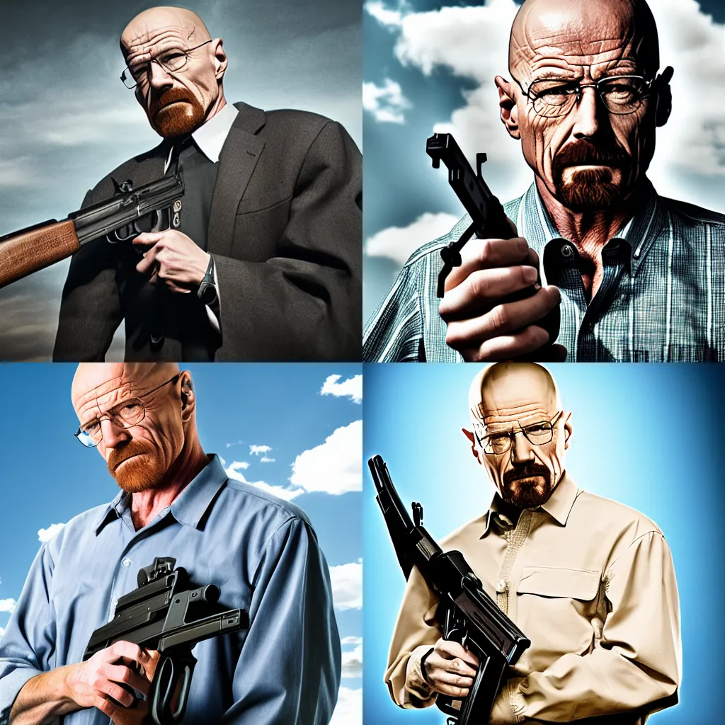 Prompt: Professional Photography Of Walter White With An AK-47 ,4K, Photorealistic, Extremely Detailed