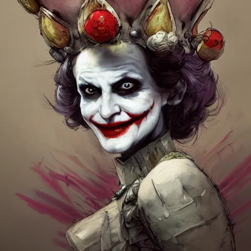 Image similar to joker as an attractive mature smiling woman wearing a mushroom crown and heavy armoured wedding dress, face portrait, hd shot, digital portrait, elegant, beautiful, fantasy art, artstation, comic style, by artgerm, guy denning, jakub rozalski, magali villeneuve and charlie bowater