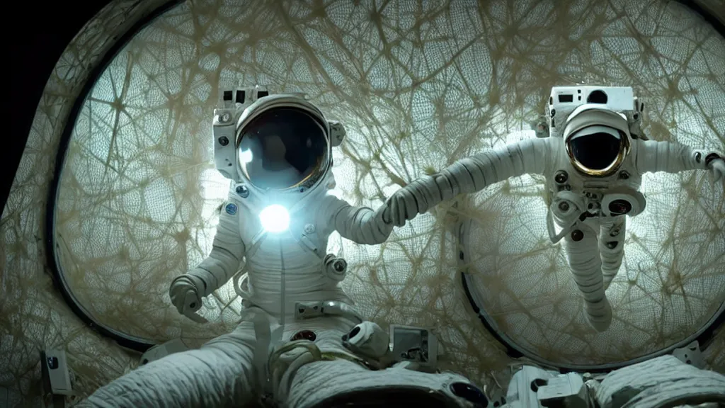 Image similar to a astronaut eva suit covered in diamond 3d fractal lace iridescent bubble 3d skin and covered with insectoid compound eye camera lenses floats through the living room, film still from the movie directed by Denis Villeneuve with art direction by Salvador Dalí, wide lens,