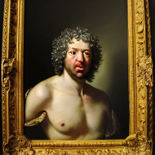 Image similar to A 17th century Baroque Painting of Dean Ween, grainy, realistic, hyperrealistic, very realistic, very very realistic, highly detailed, very detailed, extremely detailed, detailed, digital art, trending on artstation, detailed face, very detailed face, very detailed face, realism, HD Quality, 8k resolution, intricate details, body and head in frame, painting, oil painting, trending on deviantart, Baroque Painting