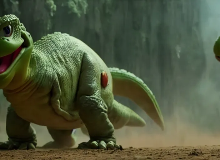 Image similar to film still of yoshi in the new sci - fi movie, cute upright standing upright upright dinosaur standing on its hind legs with a small red turtle shell and sticking out a long sticky tongue, 8 k