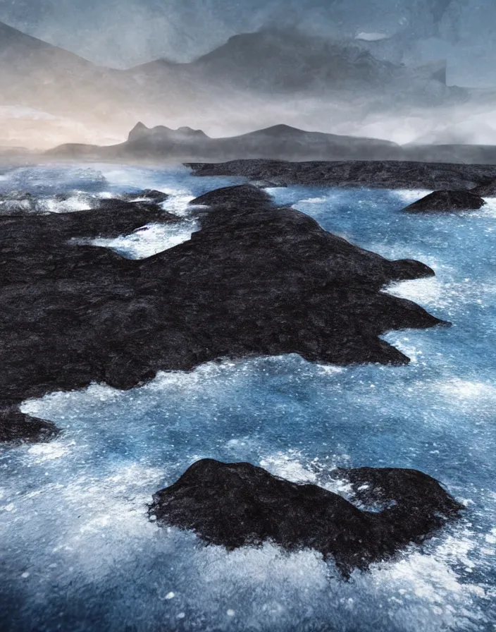 Prompt: Northern landscape with black sand beach and rocky cliffs by aaron westwood, fog, volumetric, trending on instagram, concept art, realistic, highly detailed, 8k