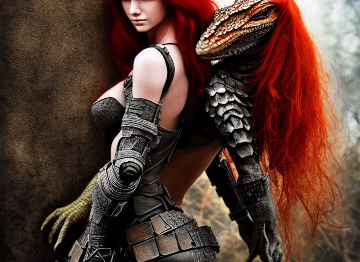 Image similar to 5 5 mm photo of an armored redhead woman with a lizard sitting on her shoulder by luis royo. highly detailed 8 k. intricate. lifelike. soft light. nikon d 8 5 0. cinematic post - processing