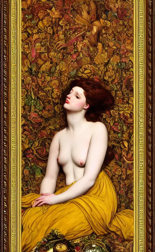 Prompt: preraphaelite full body reclining portrait photography masterpiece, facial features are a hybrid of judy garland and jo brand, thin aged 2 5, foreshortening, brown hair fringe, yellow ochre ornate medieval dress, rosetti frederic leighton ford madox brown, background by william morris and kilian eng, framed, 4 k