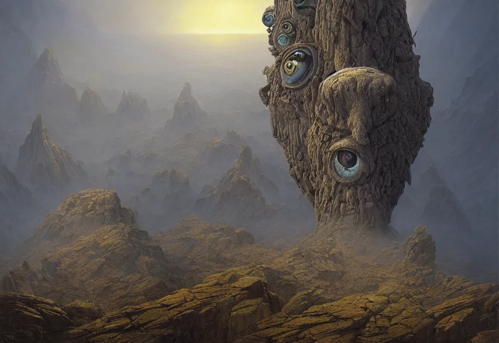 Image similar to a surreal mountain of eyes, art by james gurney and greg rutkowski, surrealism by salvador dali, very detailed, high resolution, inspired by rene magritte, volumetric lighting