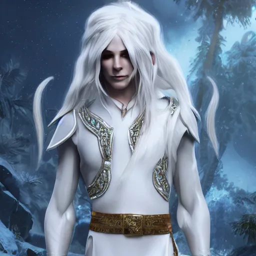 Image similar to a highly detailed male elf in full length, with white long hair, white clothes, bright blue eyes, artstation, DeviantArt, professional, octane render