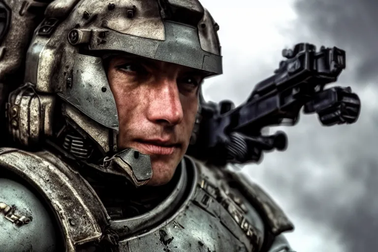 Image similar to VFX movie of a futuristic spacemarine closeup portrait in war zone, beautiful natural skin natural lighting by Emmanuel Lubezki