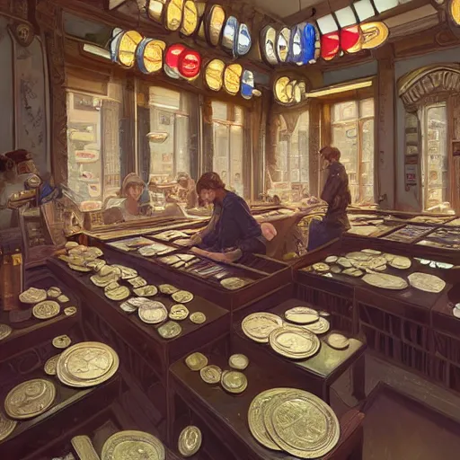 Image similar to modern coin shop with a lot of coins, 4 k, octane, digital painting, artstation, concept art, sharp focus, illustration, art by artgerm and greg rutkowski and alphonse mucha