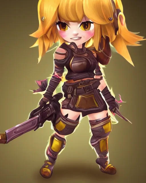 Prompt: female warrior mini cute style, highly detailed, rendered, ray - tracing, cgi animated, 3 d demo reel avatar, style of maple story, maple story gun girl, katelynn from league of legends chibi, soft shade, soft lighting